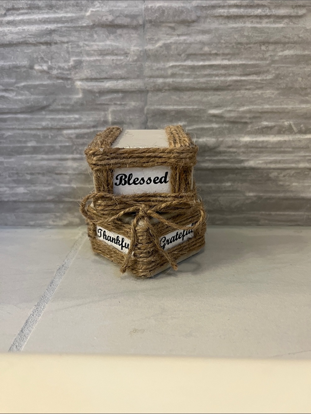 Rustic Jute Wrapped Decorative Block - Blessed, Thankful, Grateful